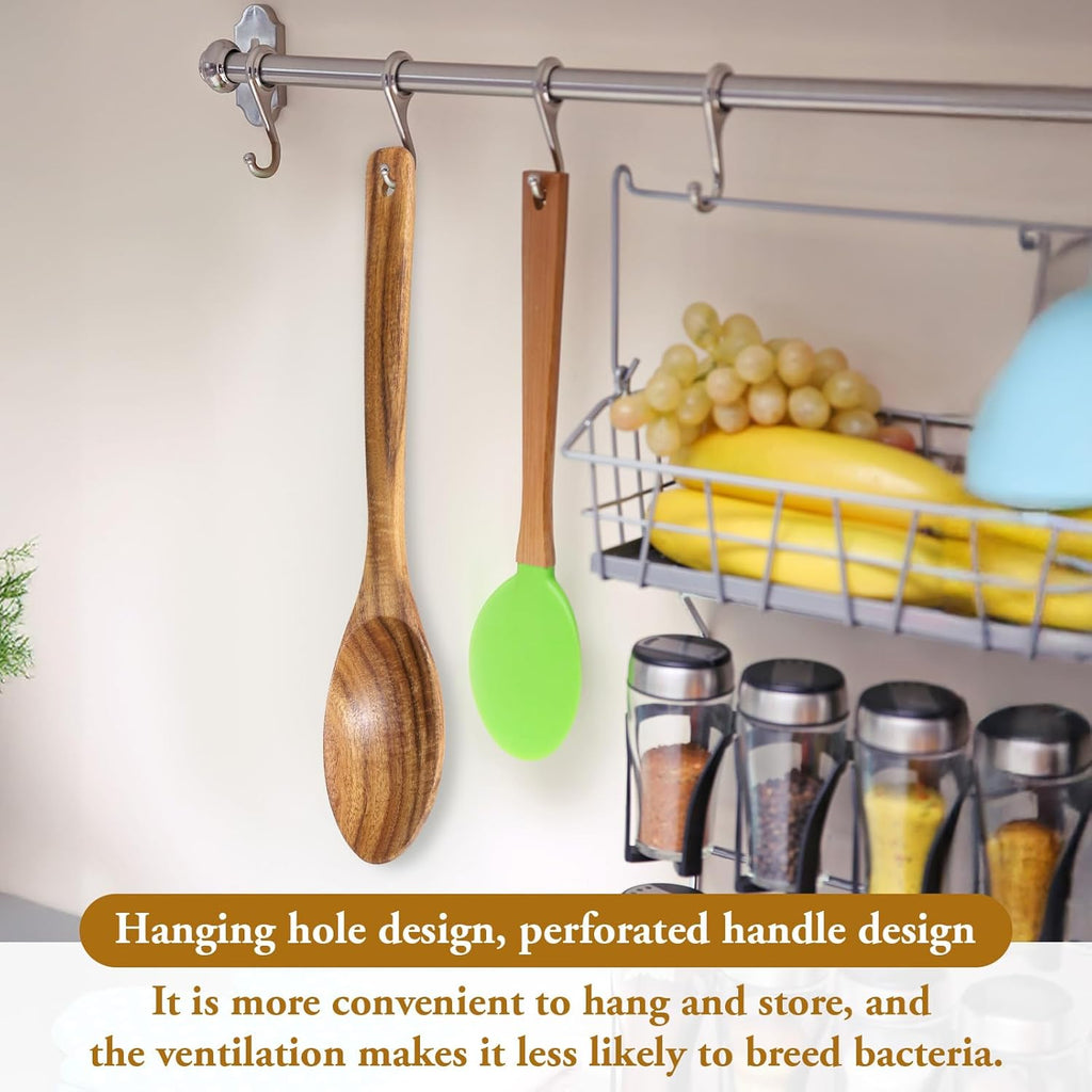 Wooden Cooking Spoons, 2 Pcs Natural Acacia Wood Serving Spoons, 12 Inch Large Mixing Spoon Wood Kitchen Utensil for Mixing, Baking, Serving and Stirring, Comfort Grip, Non-Stick Cookware Safe