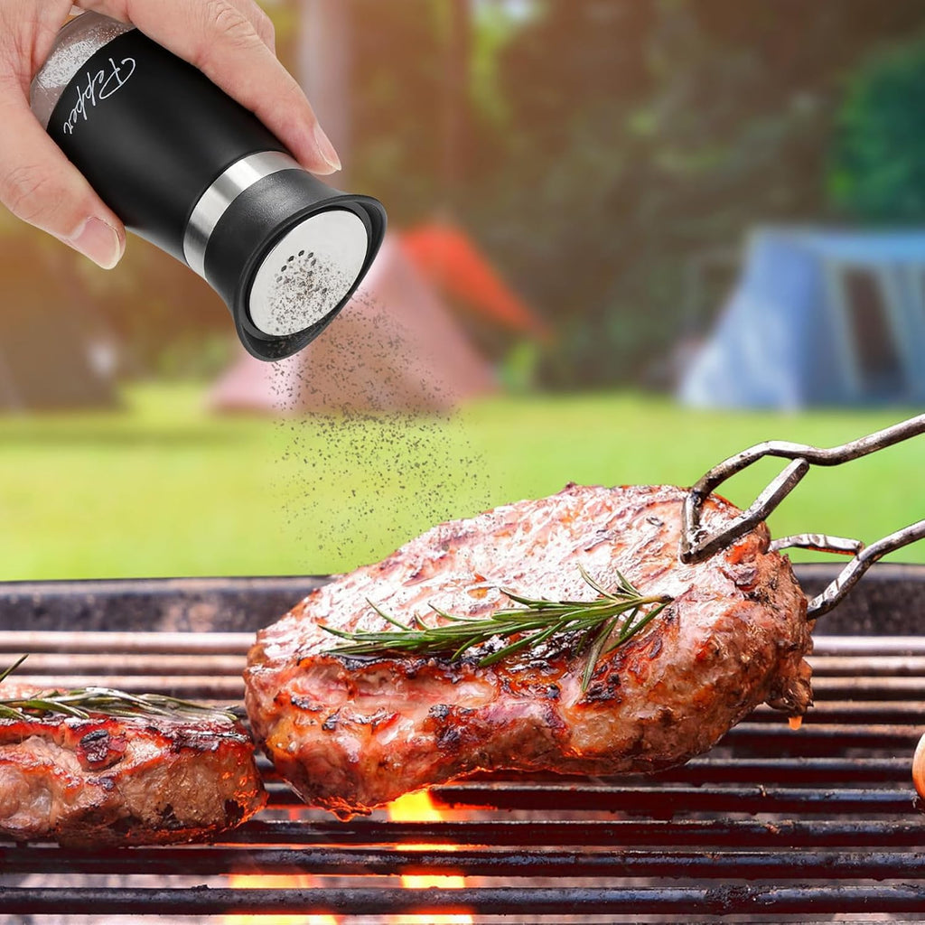 Salt and Pepper Shakers Set, 4 oz Stainless Steel Salt Pepper Shaker Containers with Glass Bottom for Kitchen Cooking, BBQ, Bar, Table, RV, Camp