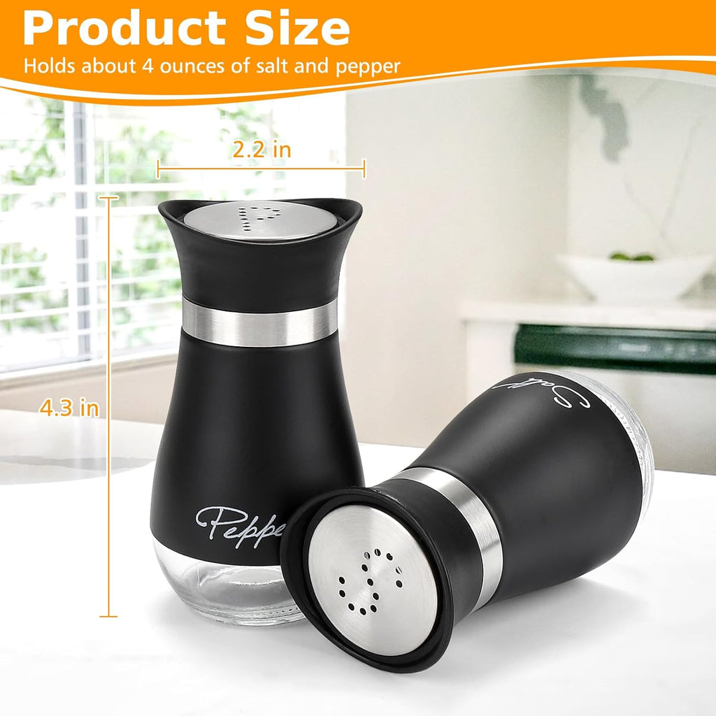 Salt and Pepper Shakers Set with Holder, 4 oz Stainless Steel Salt Pepper Shaker Containers with Glass Bottom for Kitchen Cooking, BBQ, Bar, Table, RV, Camp