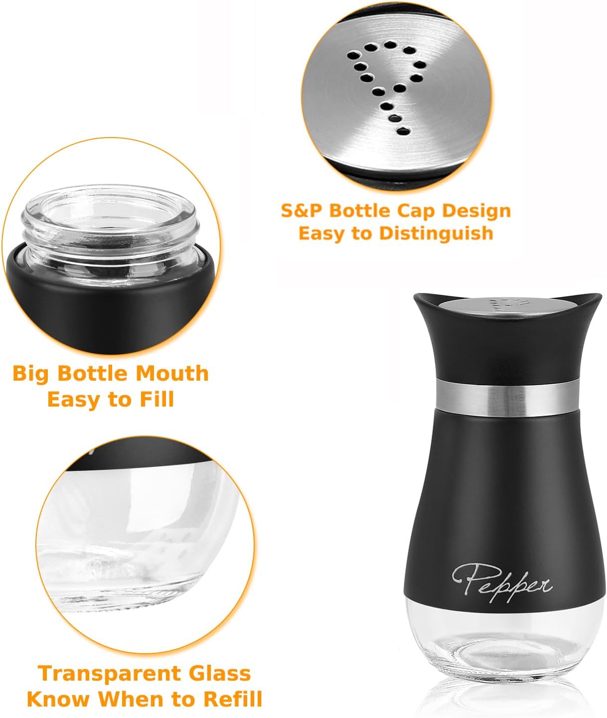 Salt and Pepper Shakers Set with Holder, 4 oz Stainless Steel Salt Pepper Shaker Containers with Glass Bottom for Kitchen Cooking, BBQ, Bar, Table, RV, Camp