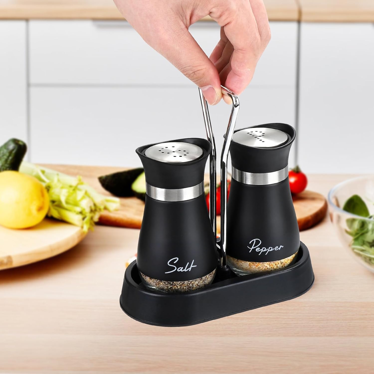 Salt and Pepper Shakers Set with Holder, 4 oz Stainless Steel Salt Pepper Shaker Containers with Glass Bottom for Kitchen Cooking, BBQ, Bar, Table, RV, Camp