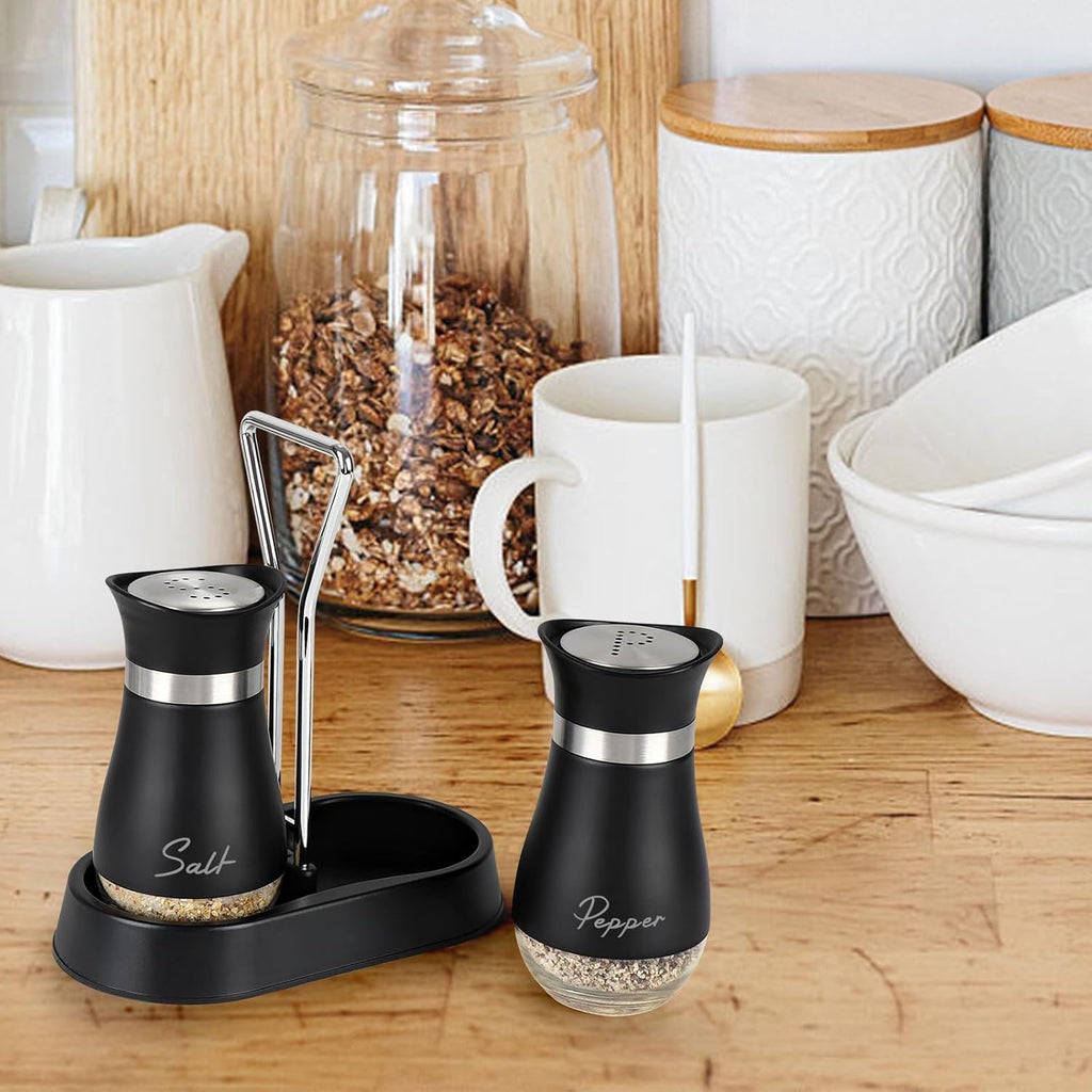 Salt and Pepper Shakers Set with Holder, 4 oz Stainless Steel Salt Pepper Shaker Containers with Glass Bottom for Kitchen Cooking, BBQ, Bar, Table, RV, Camp