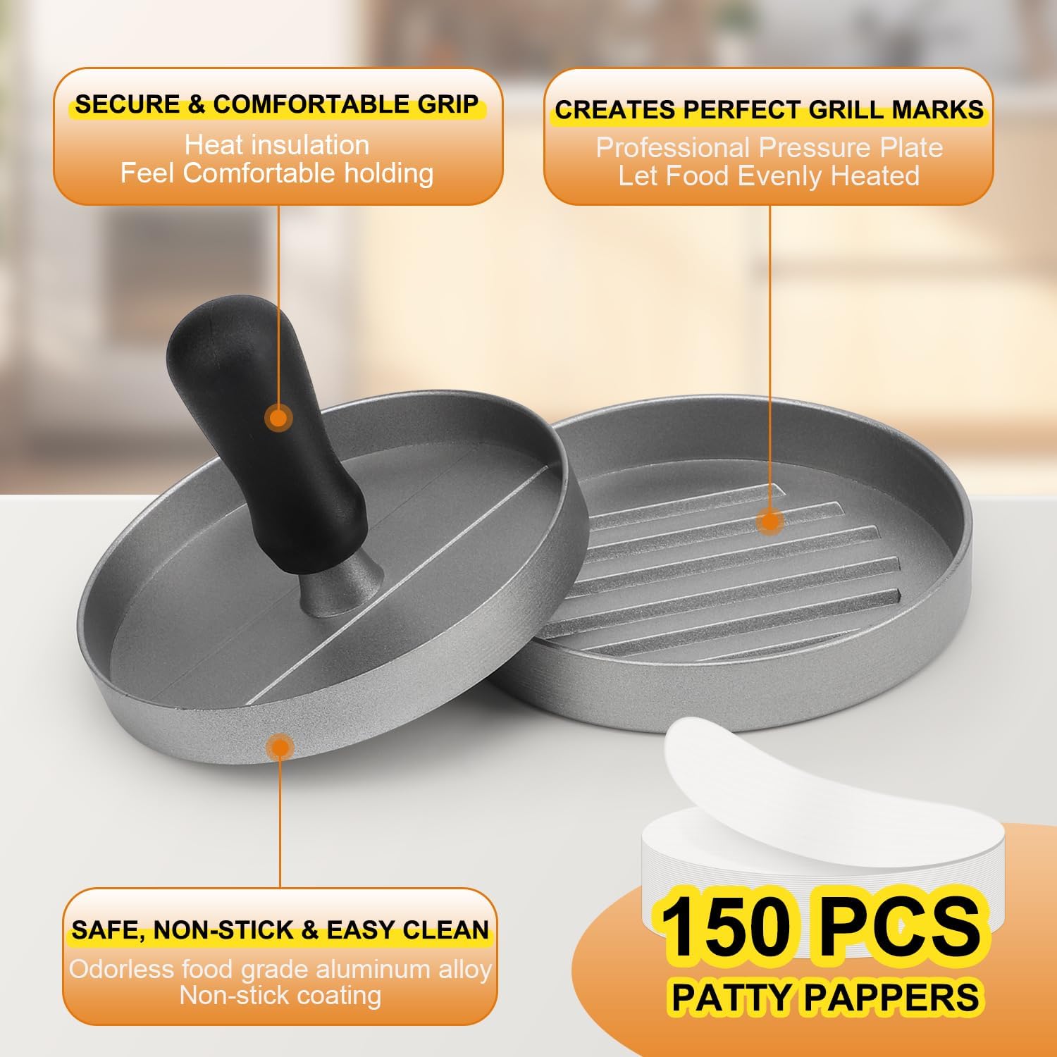 Burger Press 150 Patty Papers, Non-Stick Hamburger Patty Maker with Wax Paper, Aluminum Burger Maker for Kitchen BBQ Grill