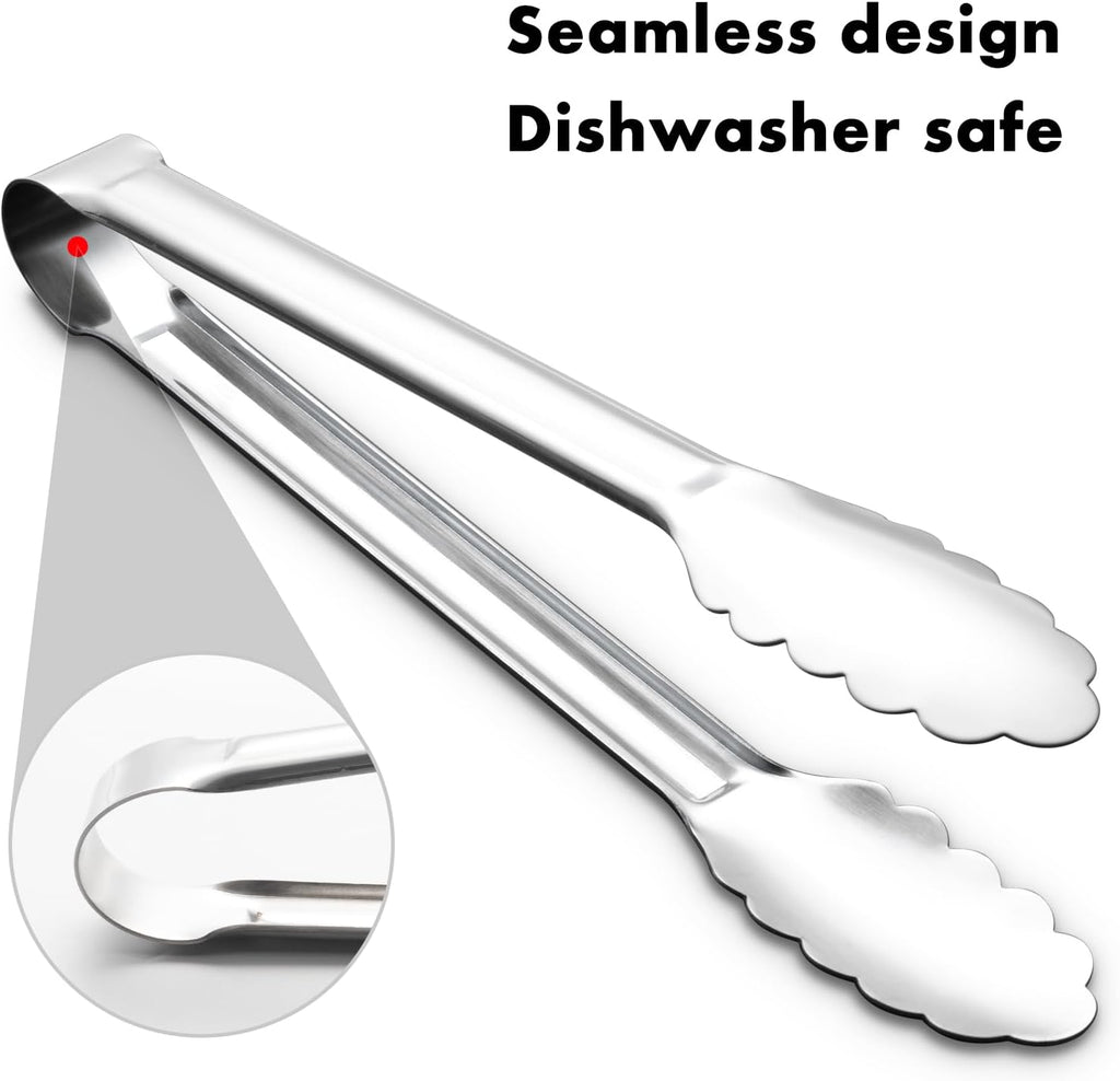 Seamless Tongs for Cooking, One-Piece Design, Durable Heat Resistant Stainless Steel Tongs for Kitchen, Grill, BBQ, Salad, Dishwasher Safe, Metal Tongs Set (12" & 9")