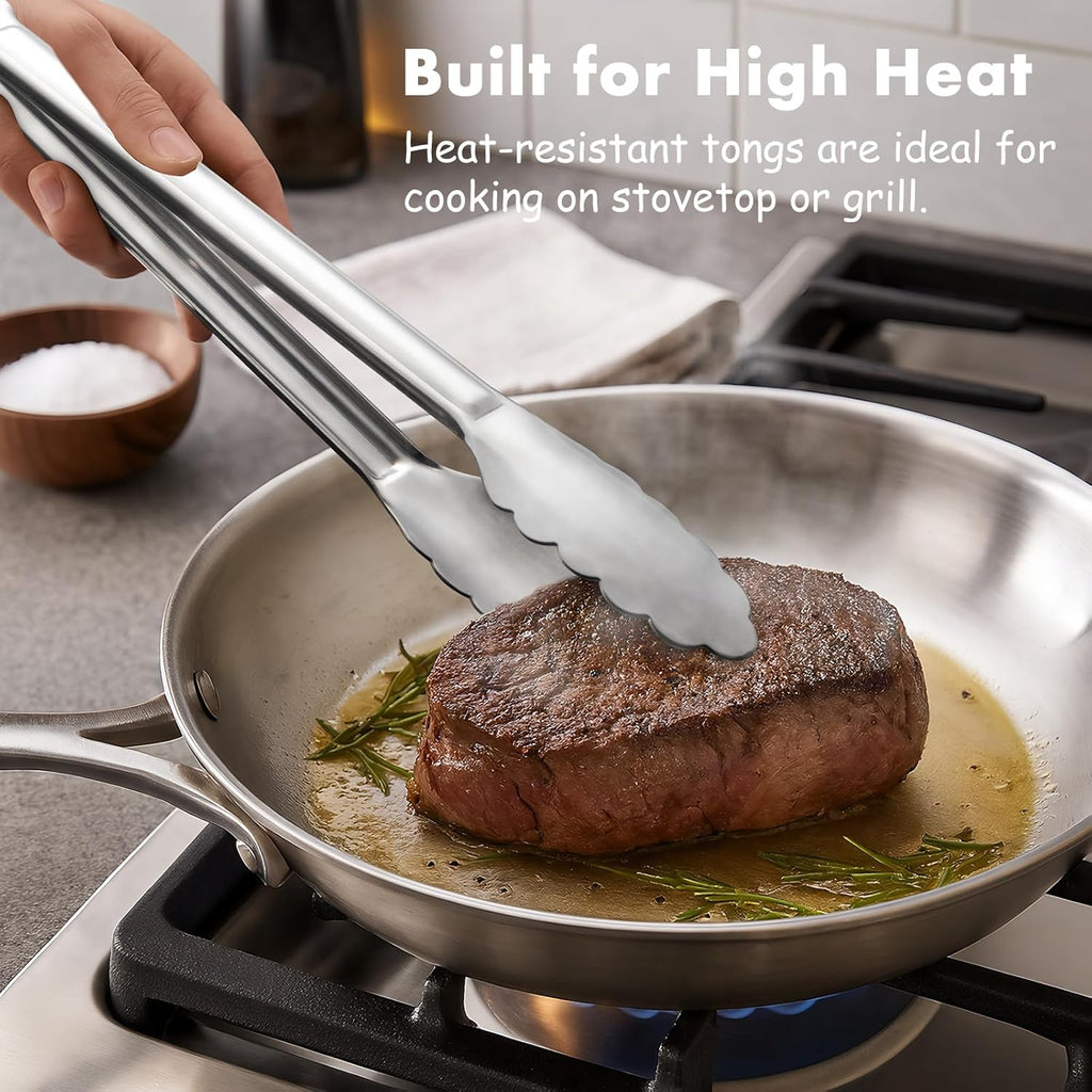 Seamless Tongs for Cooking, One-Piece Design, Durable Heat Resistant Stainless Steel Tongs for Kitchen, Grill, BBQ, Salad, Dishwasher Safe, Metal Tongs Set (12" & 9")