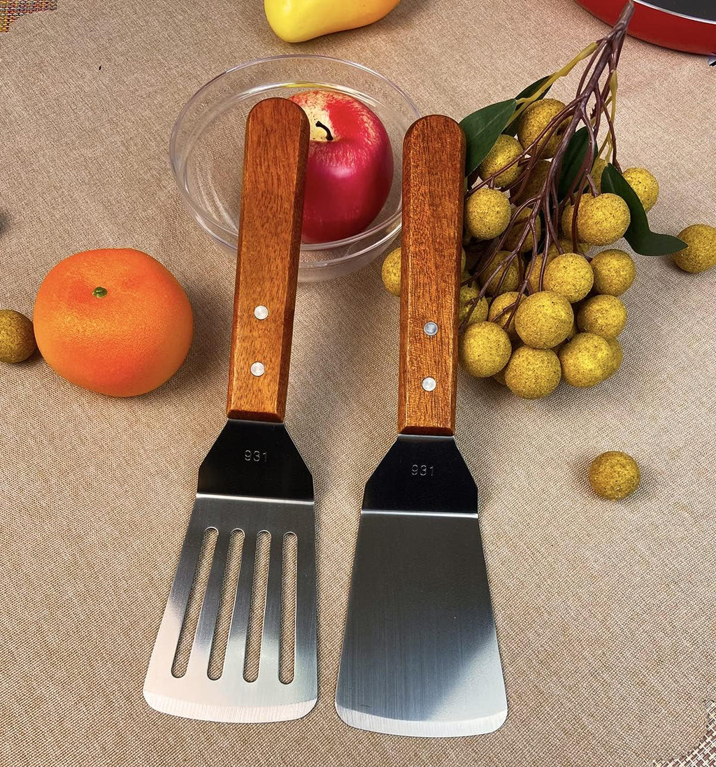 2Pcs Metal Spatulas Set, Metal Spatula for Cast Iron Skillet, Cooking Utensils Fish Egg Grill Spatula Stainless Steel Slotted Spatula, Wok Flat Top Small Metal Spatula Turner with Wood Handle