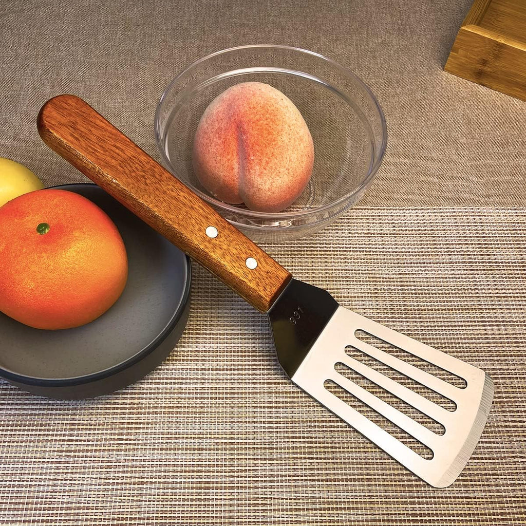 2Pcs Metal Spatulas Set, Metal Spatula for Cast Iron Skillet, Cooking Utensils Fish Egg Grill Spatula Stainless Steel Slotted Spatula, Wok Flat Top Small Metal Spatula Turner with Wood Handle