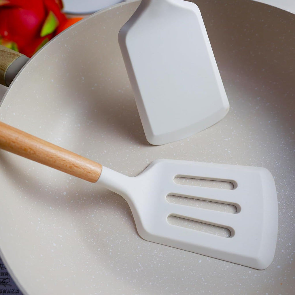 2Pcs Silicone Spatula Set Turner Heat Resistant for Nonstick Cookware Rubber Wok Turner with Wood Handle, Plastic Spatula Silicone for Cooking Use Kitchen Utensils Set White
