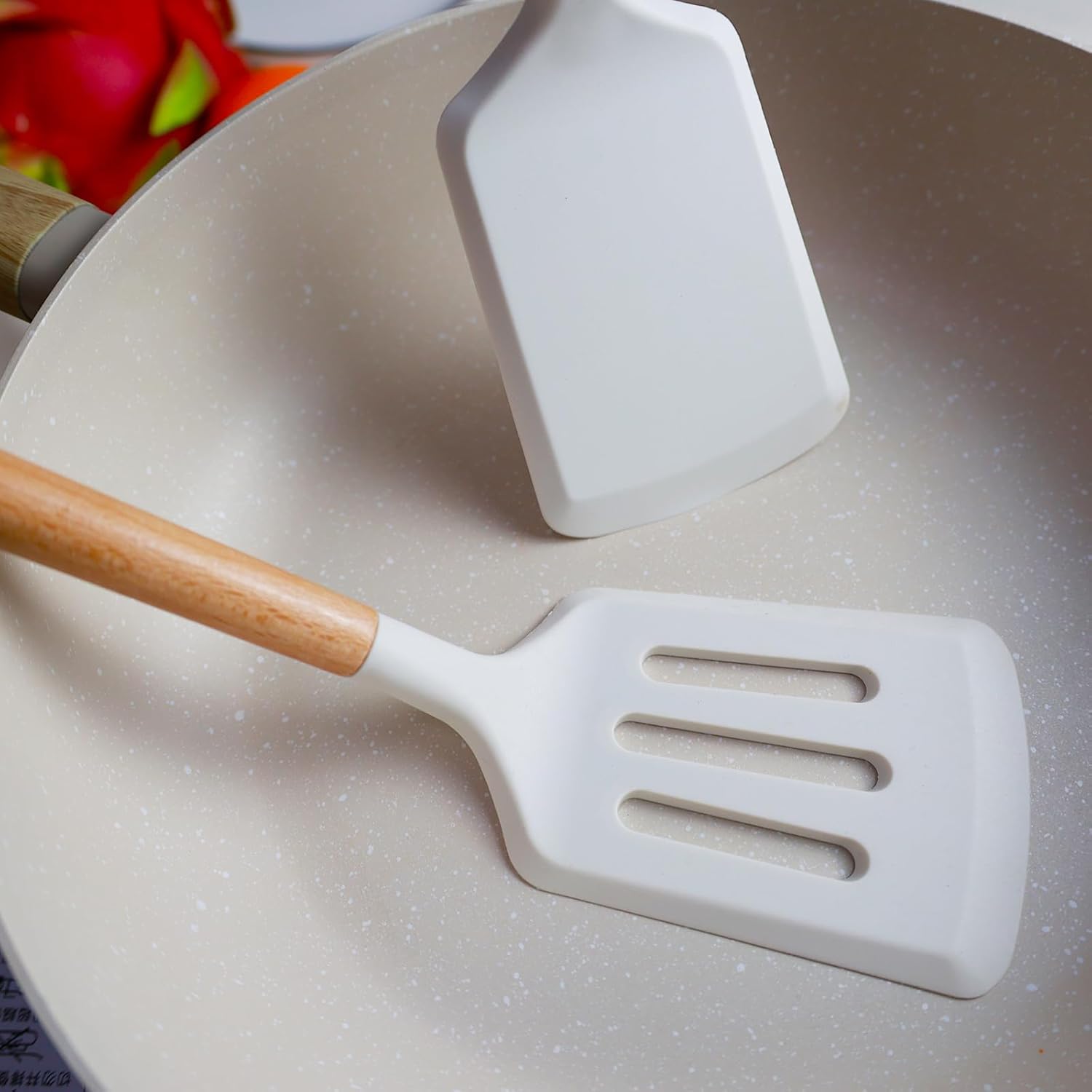 2Pcs Silicone Spatula Set Turner Heat Resistant for Nonstick Cookware Rubber Wok Turner with Wood Handle, Plastic Spatula Silicone for Cooking Use Kitchen Utensils Set White