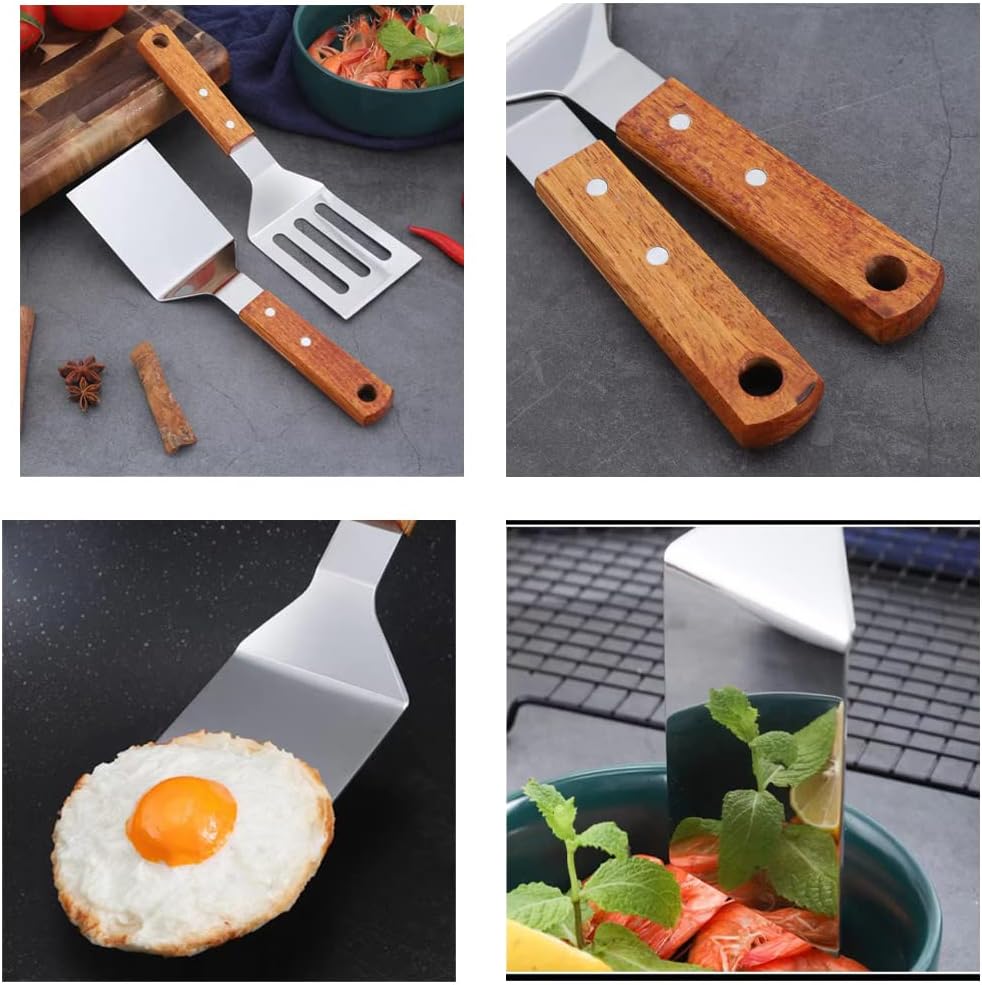 2 PCS Metal Spatula for Cast Iron Skillet, Stainless Steel Grill Spatula Slotted Turner Fish with Wood Handle Flat Top Griddle for Cooking BBQ