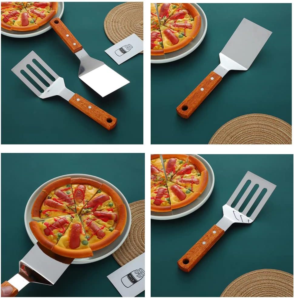 2 PCS Metal Spatula for Cast Iron Skillet, Stainless Steel Grill Spatula Slotted Turner Fish with Wood Handle Flat Top Griddle for Cooking BBQ