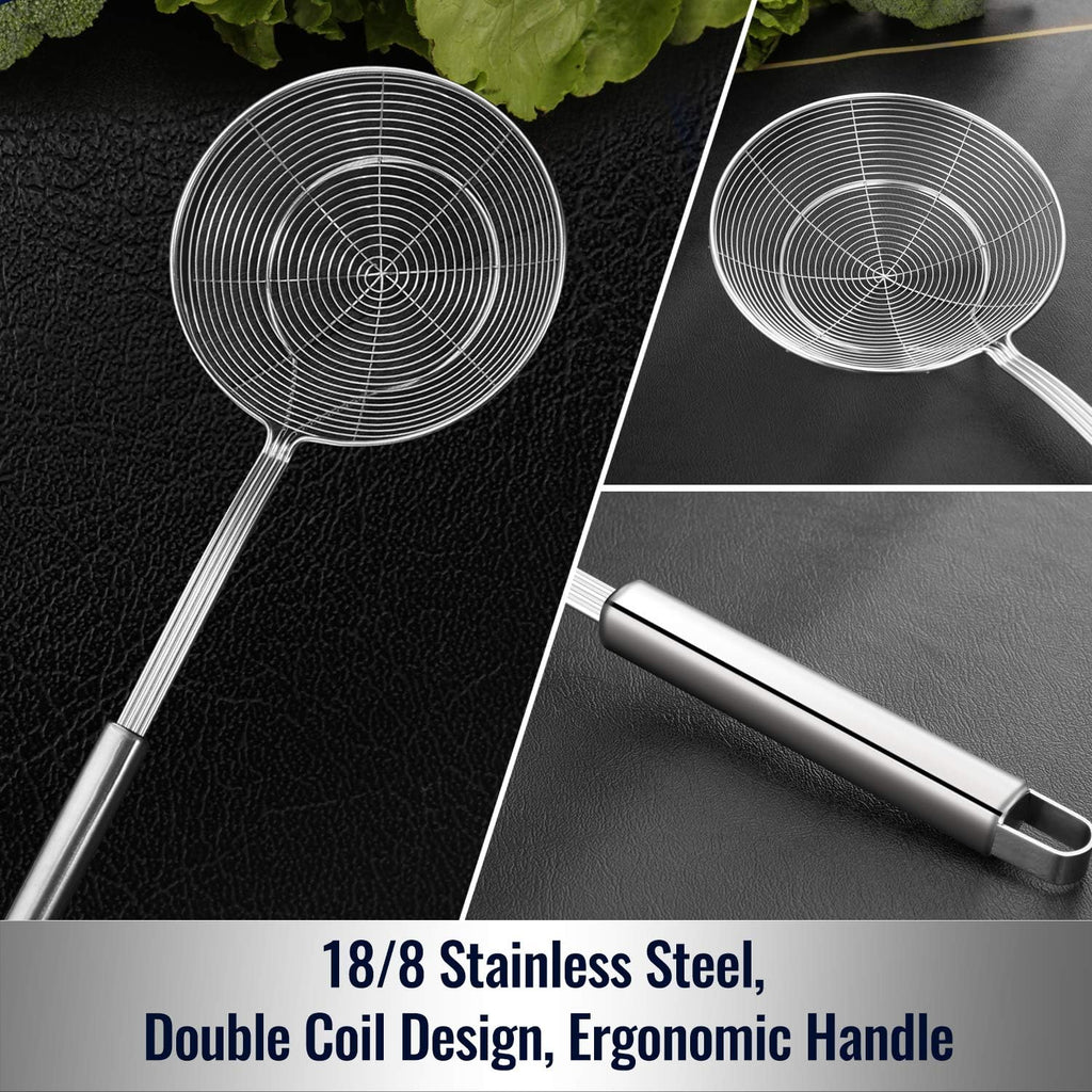 Solid Stainless Steel Spider Strainer Skimmer Ladle for Cooking and Frying, Kitchen Utensils Wire Strainer Pasta Spoon, 5.4 Inch