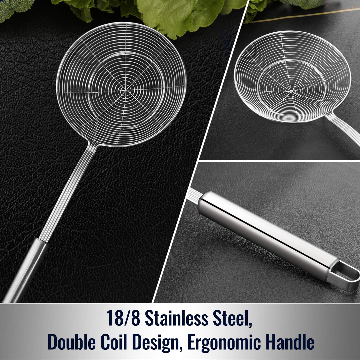 Solid Stainless Steel Spider Strainer Skimmer Ladle for Cooking and Frying, Kitchen Utensils Wire Strainer Pasta Spoon, 5.4 Inch