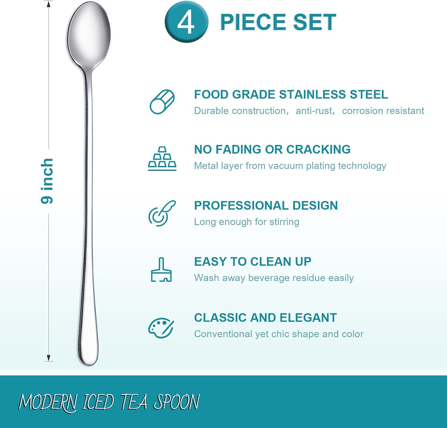 9-Inch Long Handle Iced Tea Spoon, Coffee Spoon, Ice Cream Spoons, Stainless Steel Cocktail Stirring Spoons, Set of 4