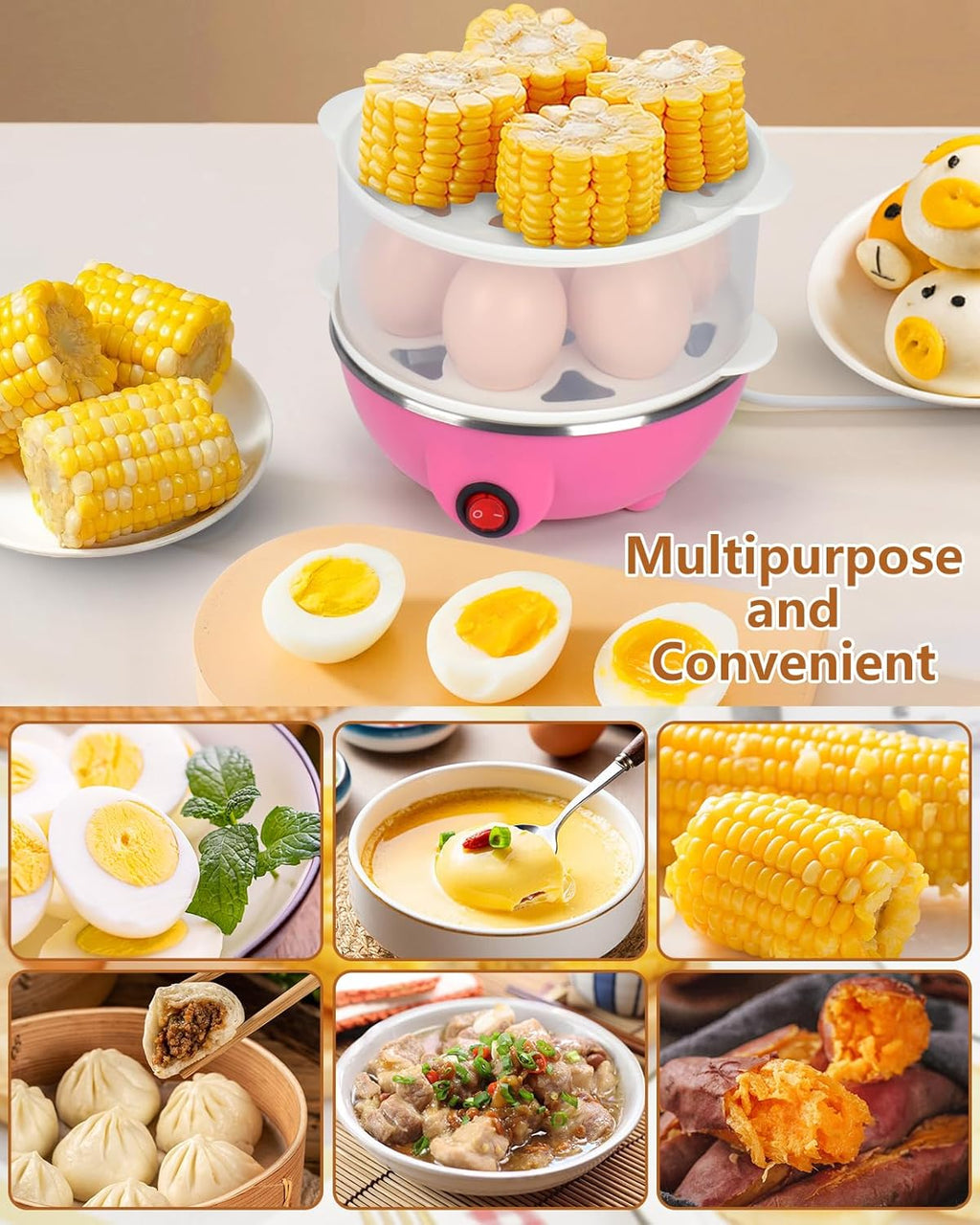 Electric Egg Cooker Steamer with Timer Auto Shut-Off 14 Egg Capacity 350W Double Layer Multifunctional for Milk Food Heating Pink