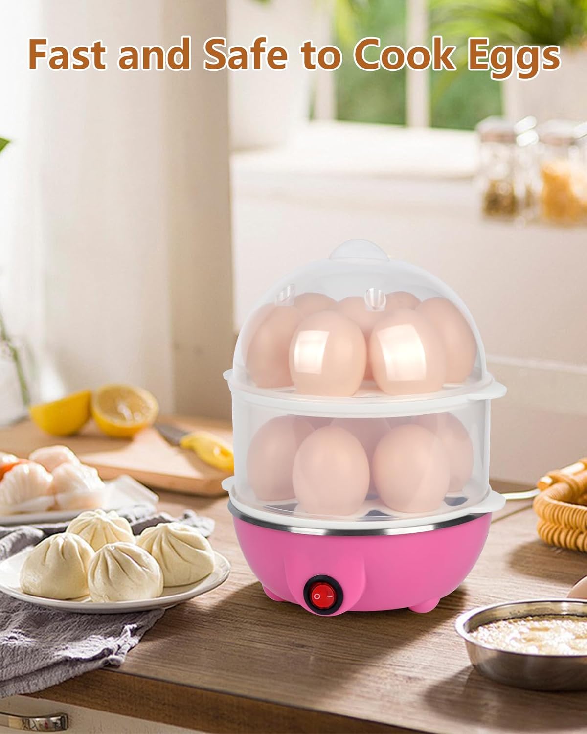 Electric Egg Cooker Steamer with Timer Auto Shut-Off 14 Egg Capacity 350W Double Layer Multifunctional for Milk Food Heating Pink