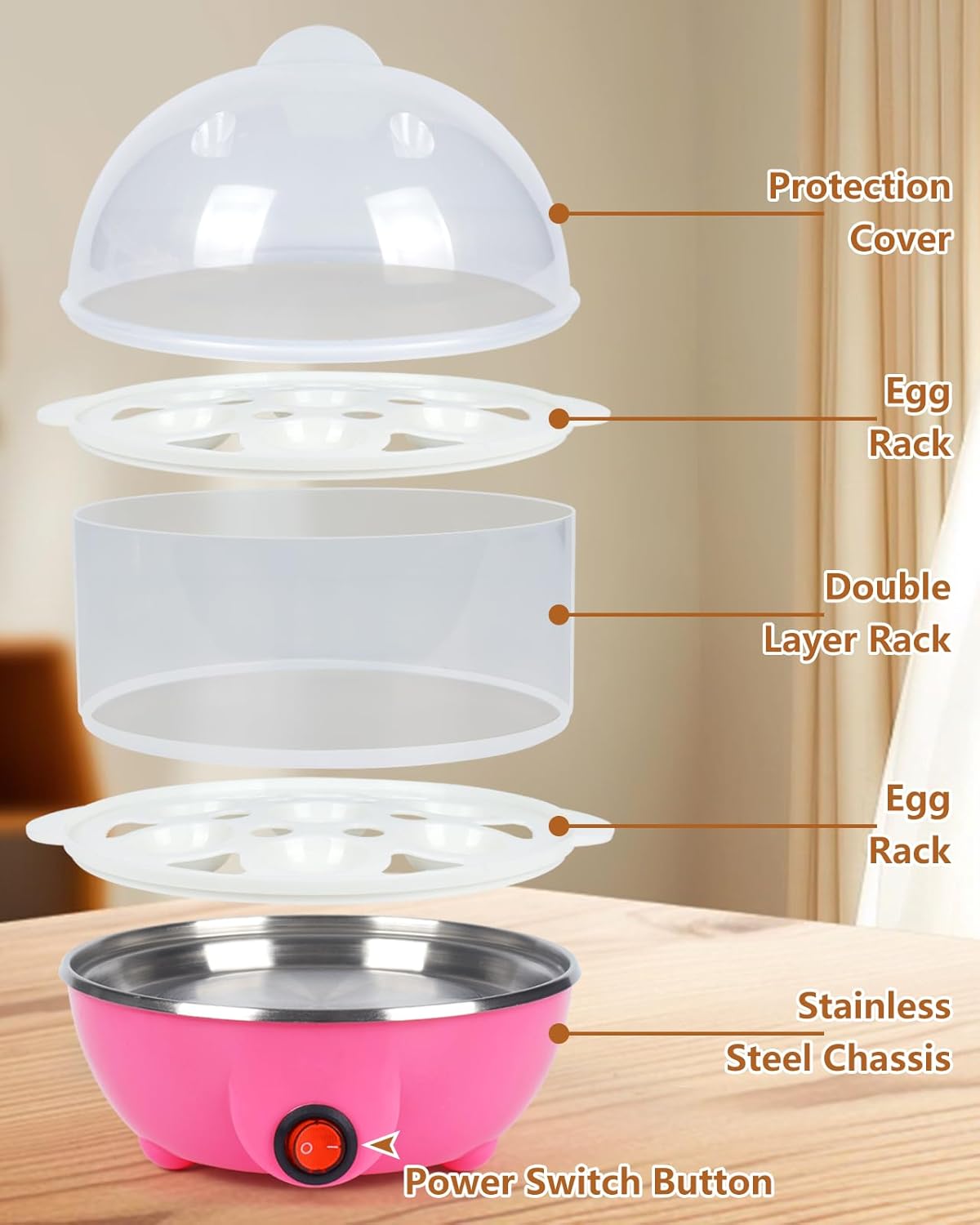 Electric Egg Cooker 14 Egg Capacity Double Layer with Timer Automatic Shut-Off 350W Multifunctional for Steaming Eggs Heating Milk Food Yellow