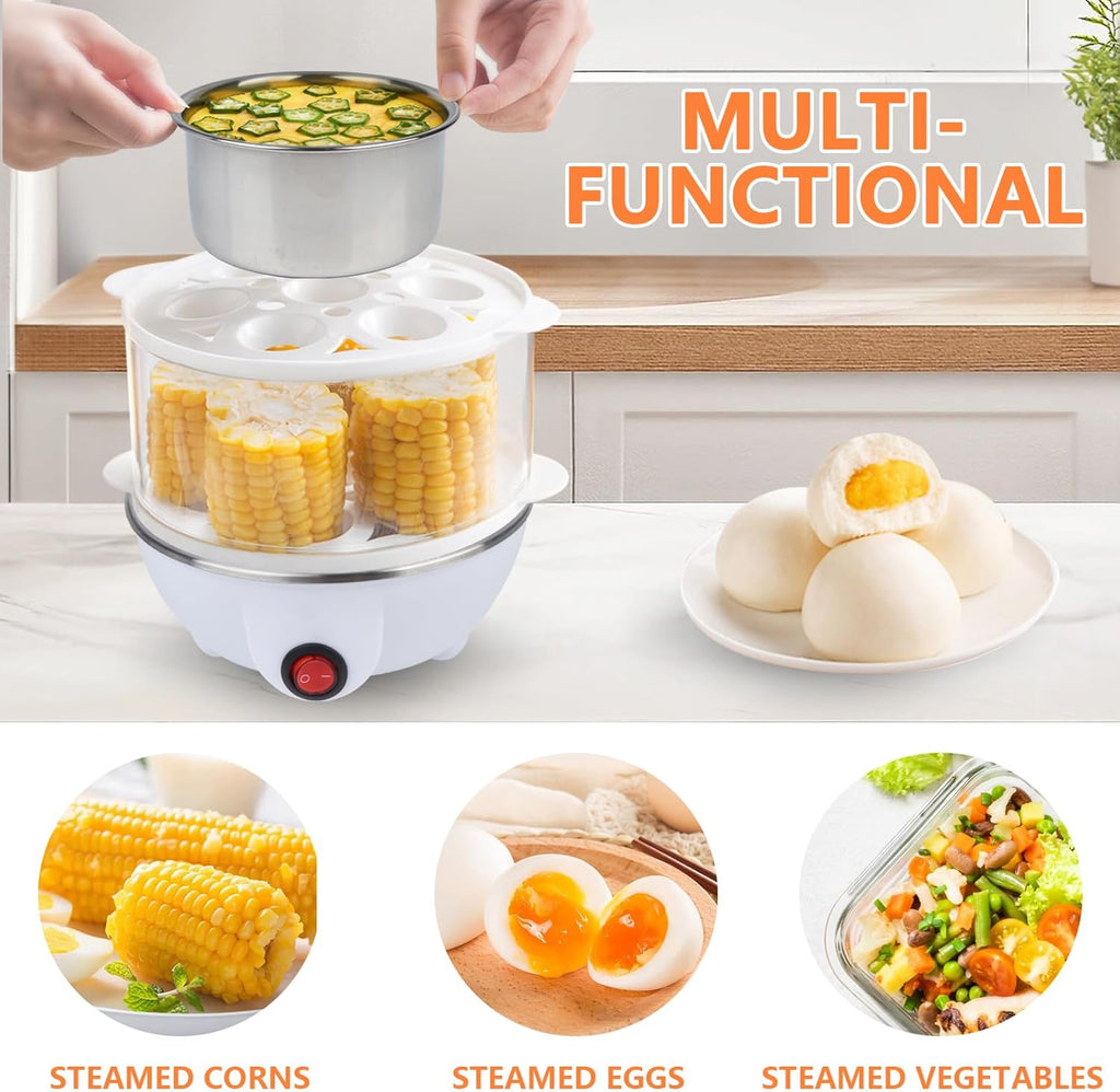 Electric Egg Cooker 14 Egg Capacity Double Layer with Auto Shut-Off Timer 350W Multifunctional for Steaming Eggs Heating Milk Food White