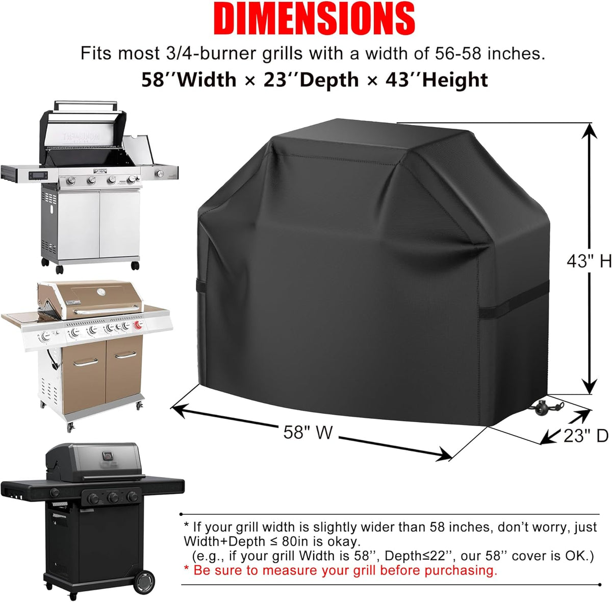 Grill Cover, 58 inch BBQ Gas Grill Cover for Outdoor Grill, Waterproof, Anti-UV, Rip-Proof, Black - Flavour Fushion Cooking Shop