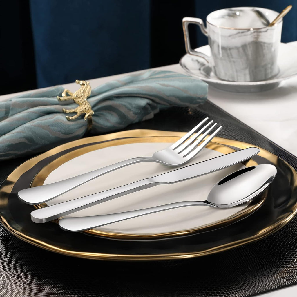 24-piece Forks and Spoons Silverware Set, Food Grade Stainless Steel Flatware Cutlery Set for Home, Kitchen and Restaurant, Mirror Polished, Dishwasher Safe