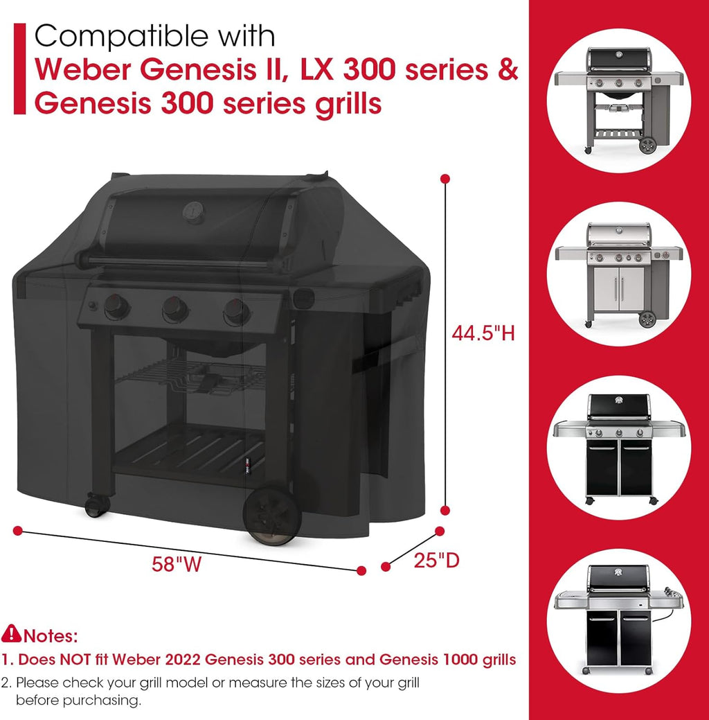 58 Inch Grill Cover for Weber Genesis II, LX 300 Series and Genesis 300 Series Gas Grills, Heavy Duty Waterproof Fade Resistant BBQ Cover, All Weather Protection, Compared to Weber 7130
