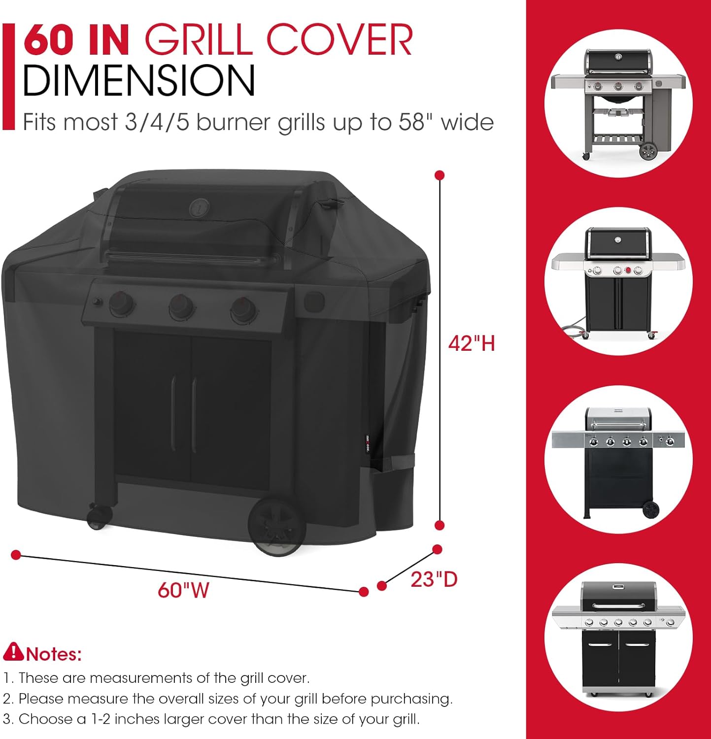 Grill Cover 60 Inch, Heavy Duty Waterproof Gas Grill Cover for Outside, Fade Resistant Outdoor Barbecue Protector, Compatible with Weber Char-Broil Nexgrill BBQs up to 58" Wide