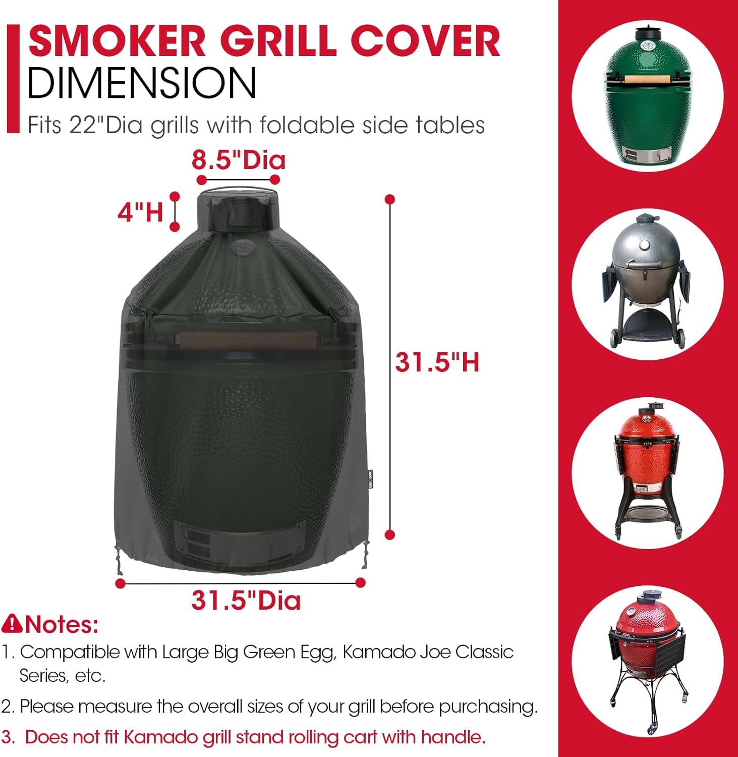 Grill Cover 31.5 Inch, Compatible with Large Big Green Egg, Kamado Joe and Pit Boss Ceramic Grills, Heavy Duty Waterproof BBQ Cover, Fade Resistant Round Smoker Protector, 31.5" Dia X 31.5" H