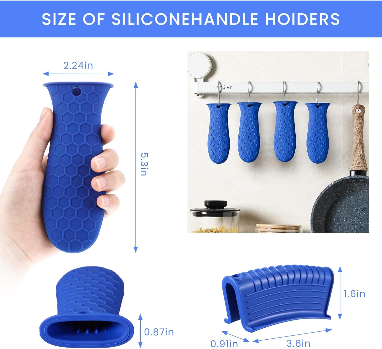 8 Pcs Silicone Pot Holders Set Cast Iron Handle Cover Heat Resistant Pot Handle Covers Potholder Non Slip Reusable Pan Sleeve for Frying Pan Kitchen Supplies(Blue)