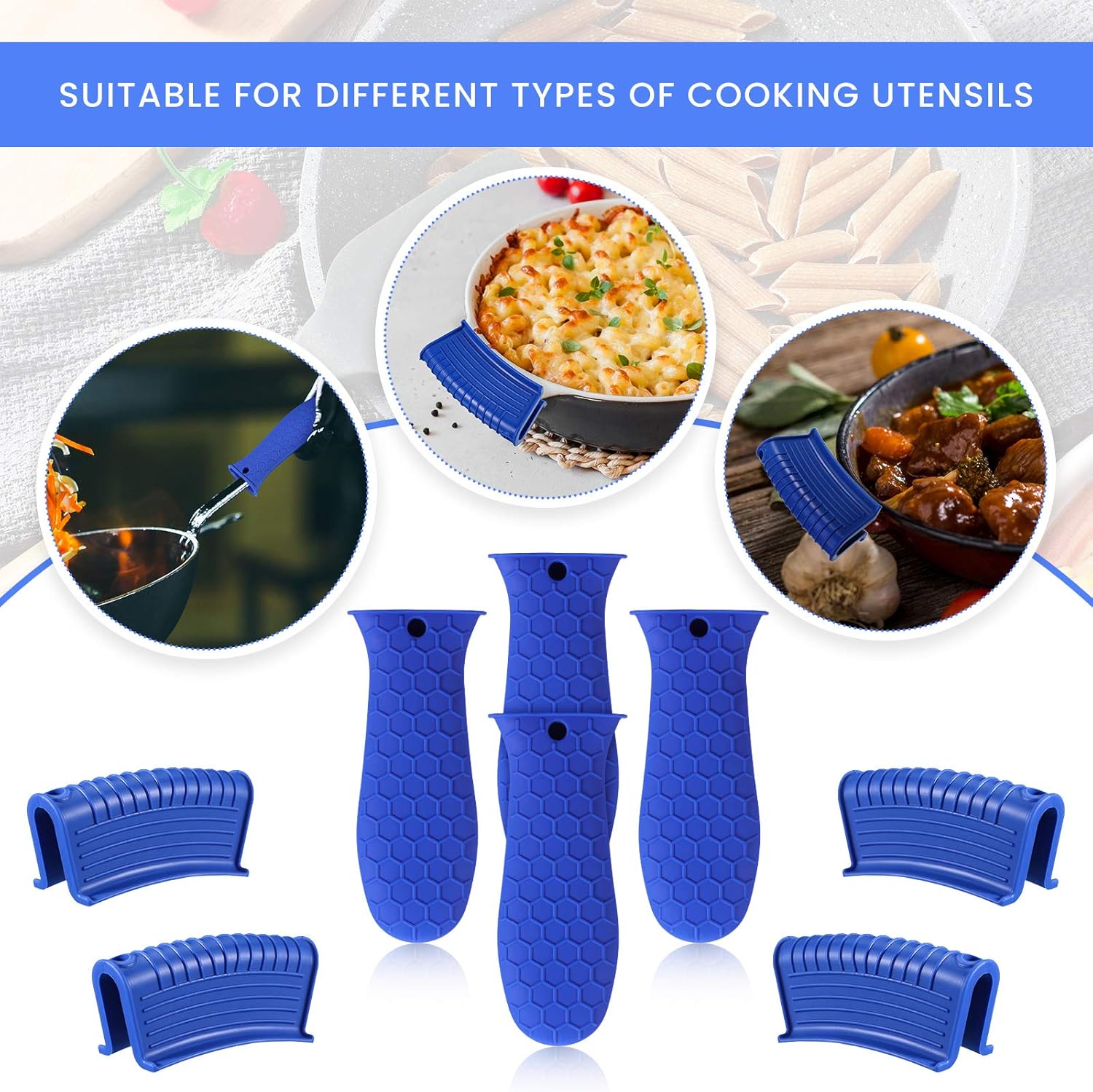 8 Pcs Silicone Pot Holders Set Cast Iron Handle Cover Heat Resistant Pot Handle Covers Potholder Non Slip Reusable Pan Sleeve for Frying Pan Kitchen Supplies(Blue)