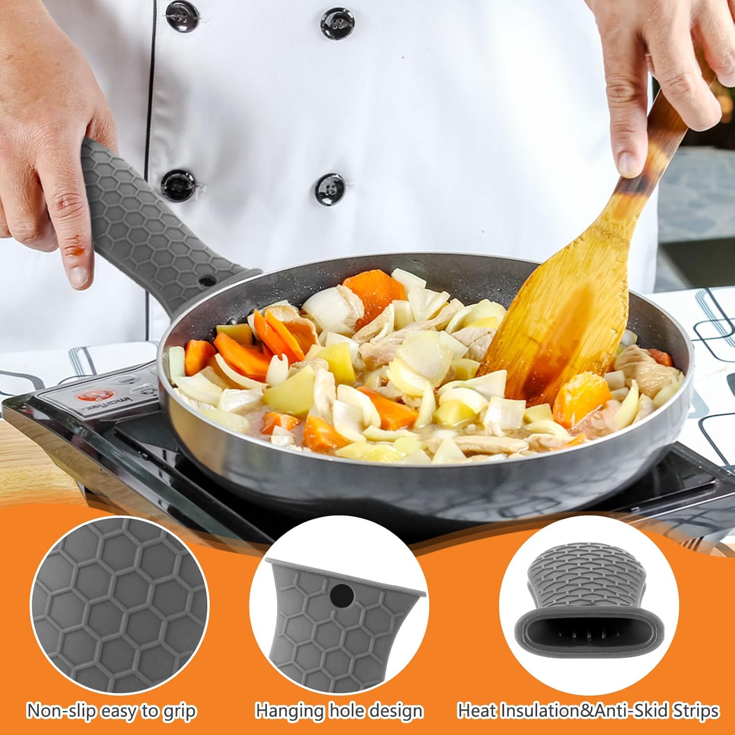 8 Pcs Silicone Pot Holders Set Cast Iron Handle Cover Heat Resistant Pot Handle Covers Potholder Non Slip Reusable Pan Sleeve for Frying Pan Kitchen Supplies(Grey)