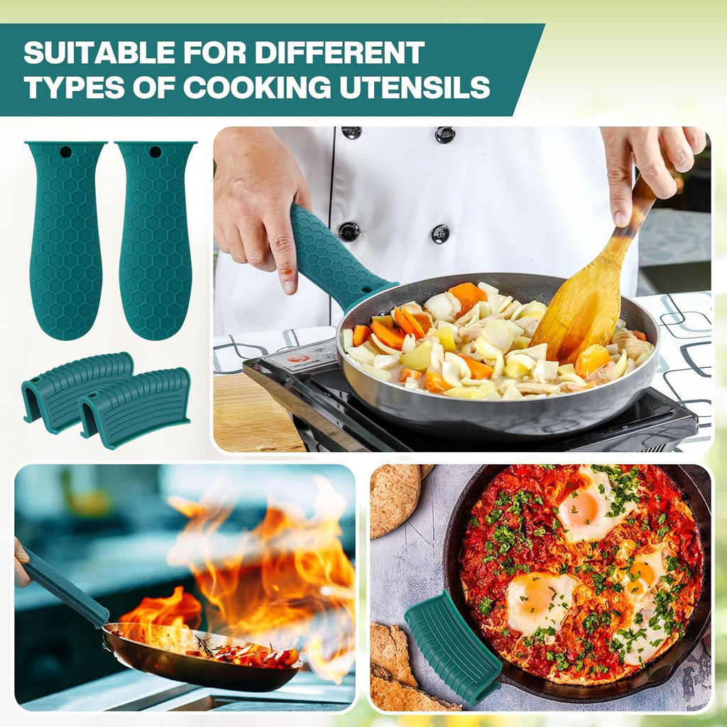 8 Pcs Silicone Pot Holders Set Cast Iron Handle Cover Heat Resistant Pot Handle Covers Potholder Non Slip Reusable Pan Sleeve for Frying Pan Kitchen Supplies(Green)