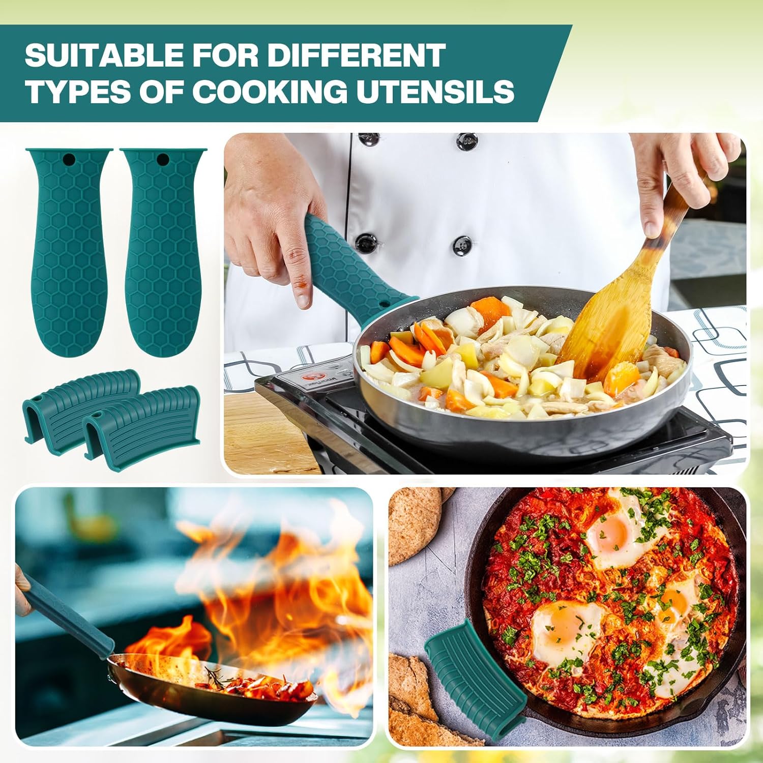 8 Pcs Silicone Pot Holders Set Cast Iron Handle Cover Heat Resistant Pot Handle Covers Potholder Non Slip Reusable Pan Sleeve for Frying Pan Kitchen Supplies(Green)