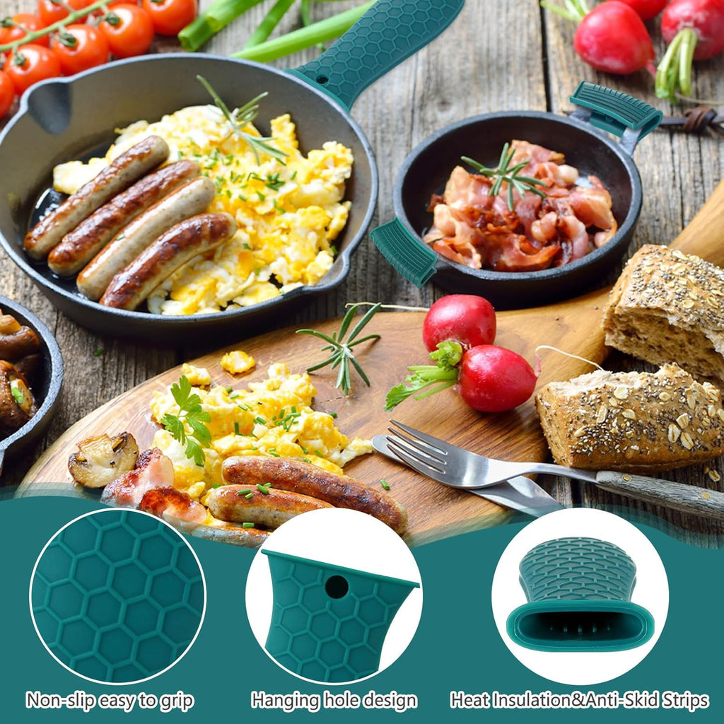 8 Pcs Silicone Pot Holders Set Cast Iron Handle Cover Heat Resistant Pot Handle Covers Potholder Non Slip Reusable Pan Sleeve for Frying Pan Kitchen Supplies(Green)