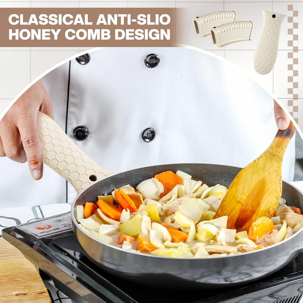 8 Pcs Silicone Pot Holders Set Cast Iron Handle Cover Heat Resistant Pot Handle Covers Potholder Non Slip Reusable Pan Sleeve for Frying Pan Kitchen Supplies(Khaki)