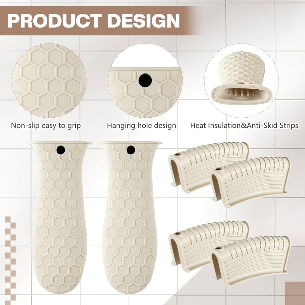 8 Pcs Silicone Pot Holders Set Cast Iron Handle Cover Heat Resistant Pot Handle Covers Potholder Non Slip Reusable Pan Sleeve for Frying Pan Kitchen Supplies(Khaki)