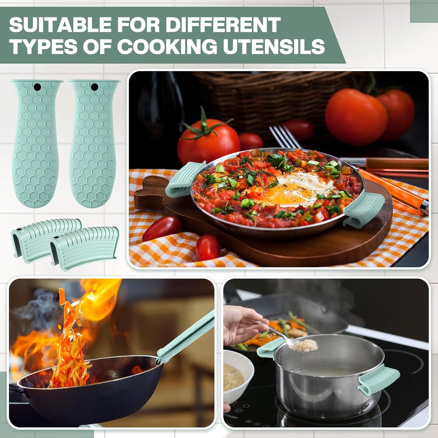 8 Pcs Silicone Pot Holders Cast Iron Handle Cover Heat Resistant Pot Handle Covers Potholder Non Slip Reusable Pan Sleeve for Frying Pan Kitchen Supplies(Mint Green)