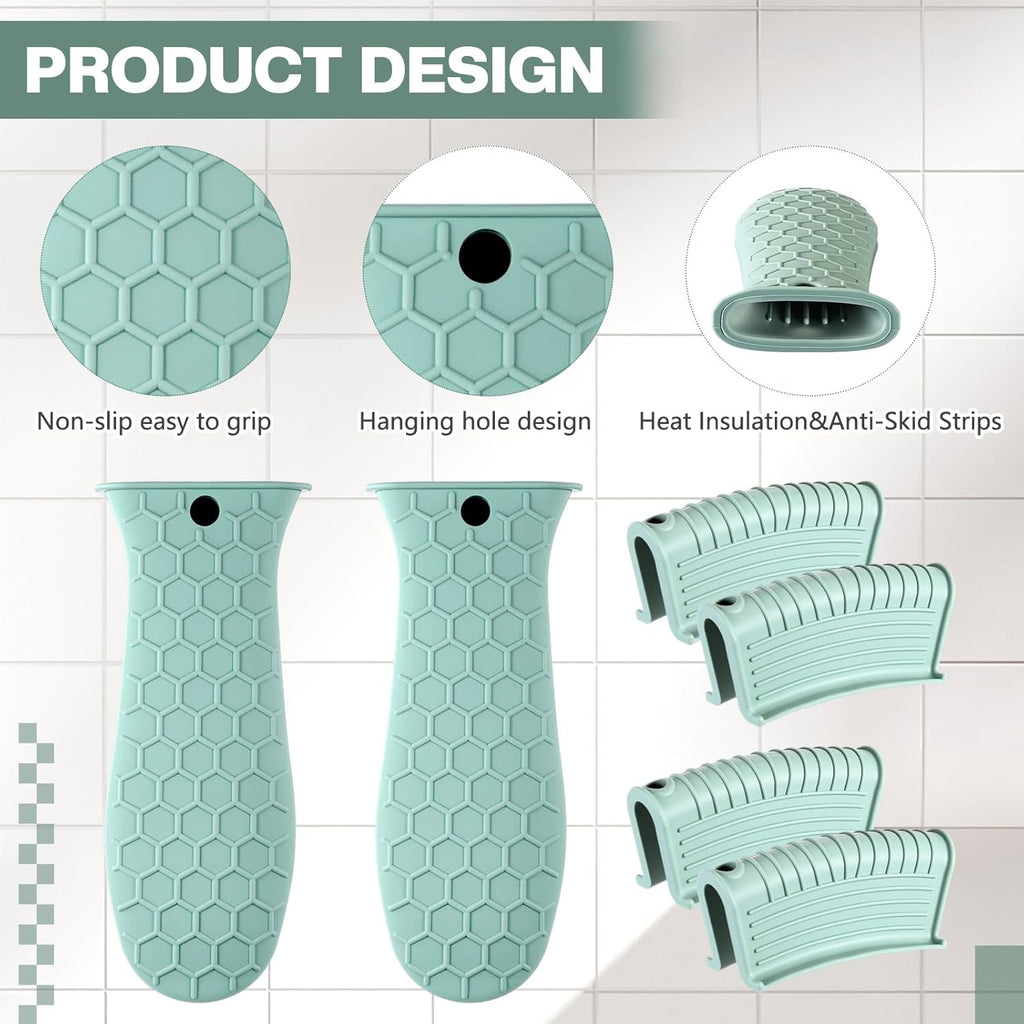 8 Pcs Silicone Pot Holders Cast Iron Handle Cover Heat Resistant Pot Handle Covers Potholder Non Slip Reusable Pan Sleeve for Frying Pan Kitchen Supplies(Mint Green)