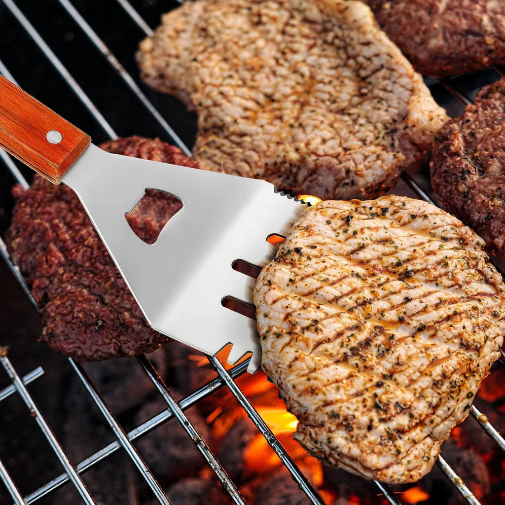 2 Pieces BBQ Extra Long Grill Turner and Grill Spatula, Stainless Steel Barbecue Grilling Accessories, Slotted Spatula and Solid Kitchen Spatula with Wooden Handle, 20 Inch