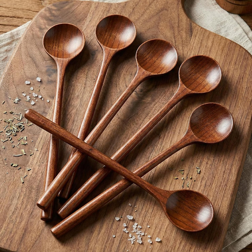 6 Pcs 11 Inch Wood Long Spoons Wooden Long Handle Round Scoops Korean Style Soup Spoons for Soup Cooking Mixing Stirring Kitchen Tools Utensils(Brown)