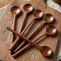 6 Pcs 11 Inch Wood Long Spoons Wooden Long Handle Round Scoops Korean Style Soup Spoons for Soup Cooking Mixing Stirring Kitchen Tools Utensils(Brown)