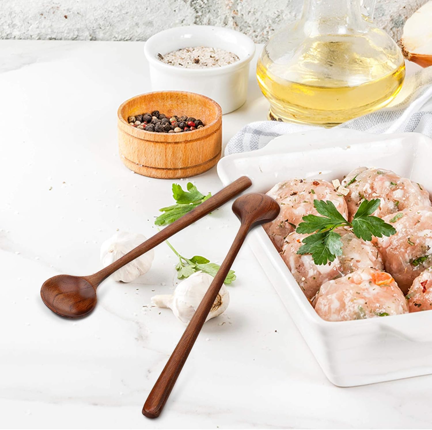6 Pcs 11 Inch Wood Long Spoons Wooden Long Handle Round Scoops Korean Style Soup Spoons for Soup Cooking Mixing Stirring Kitchen Tools Utensils(Brown)