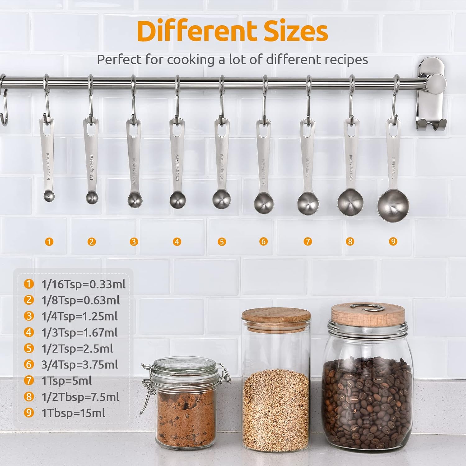 Measuring Spoons:  18/8 Stainless Steel Measuring Spoons Set of 9 Piece: 1/16 TSP, 1/8 TSP, 1/4 TSP, 1/3 TSP, 1/2 TSP, 3/4 TSP, 1 TSP, 1/2 tbsp & 1 tbsp Dry and Liquid Ingredients