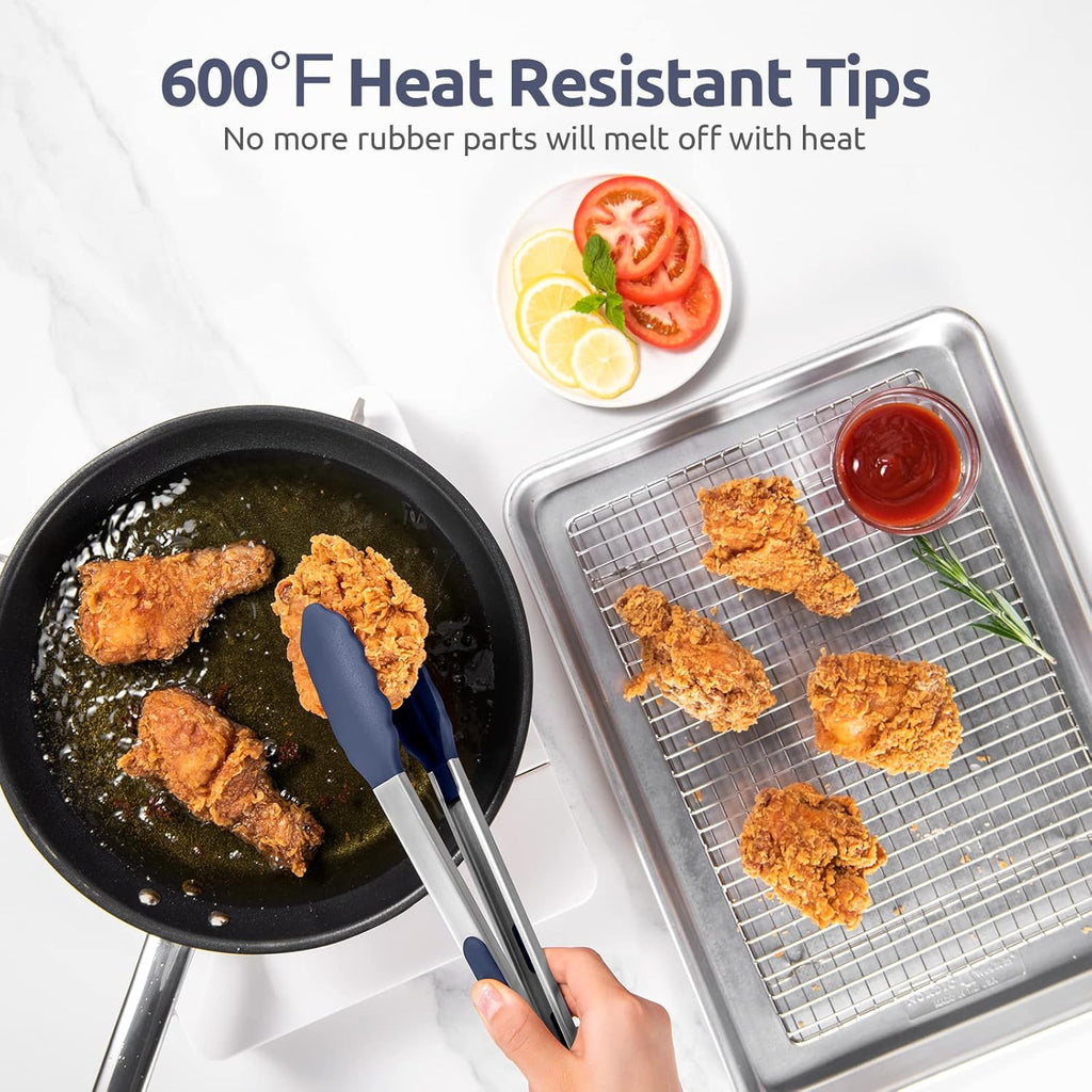600ºF Heat Resistant Kitchen Tongs:  7/9/12 inch Silicone Cooking Tong Set with Non Stick Rubber Tips and Silicon Coated 18/8 Stainless Steel Handle for Serving Grilling Salad(Midnight Blue)