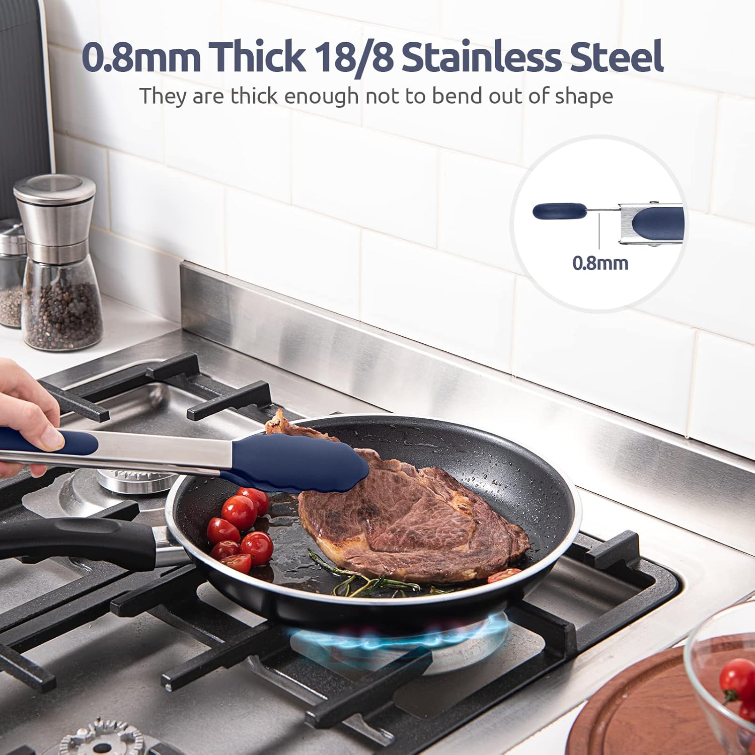 600ºF Heat Resistant Kitchen Tongs:  7/9/12 inch Silicone Cooking Tong Set with Non Stick Rubber Tips and Silicon Coated 18/8 Stainless Steel Handle for Serving Grilling Salad(Midnight Blue)