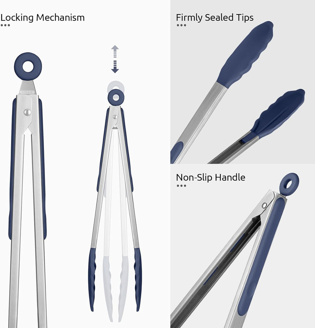 600ºF Heat Resistant Kitchen Tongs:  7/9/12 inch Silicone Cooking Tong Set with Non Stick Rubber Tips and Silicon Coated 18/8 Stainless Steel Handle for Serving Grilling Salad(Midnight Blue)
