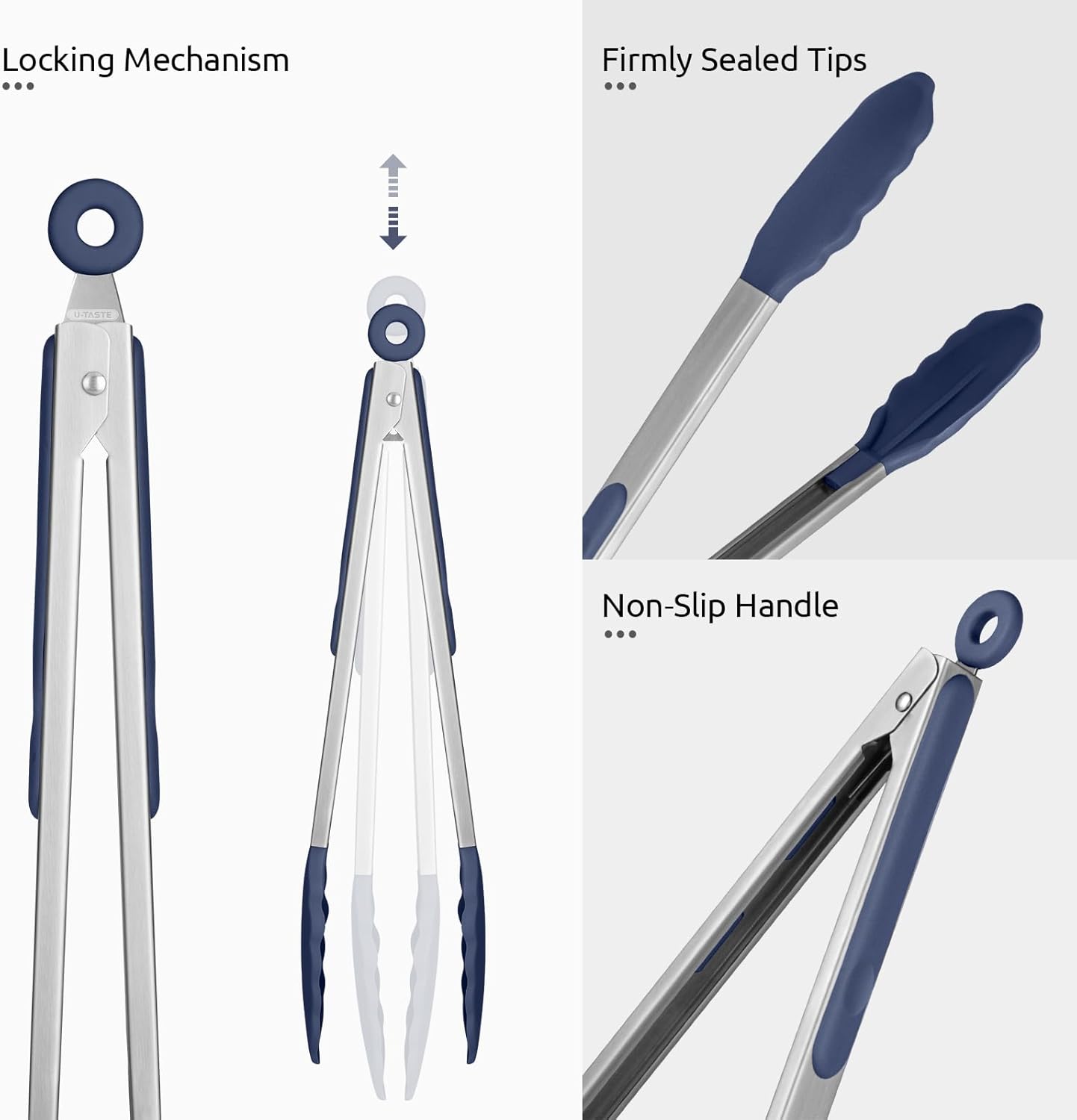600ºF Heat Resistant Kitchen Tongs:  7/9/12 inch Silicone Cooking Tong Set with Non Stick Rubber Tips and Silicon Coated 18/8 Stainless Steel Handle for Serving Grilling Salad(Midnight Blue)