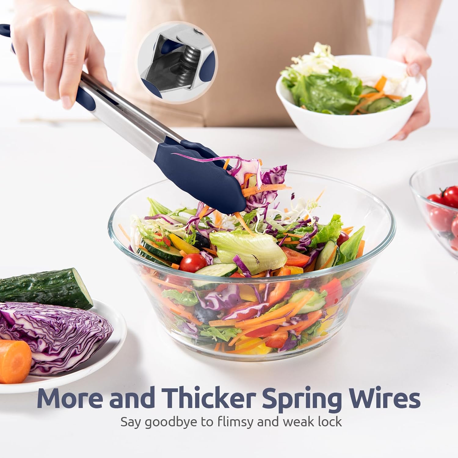 600ºF Heat Resistant Kitchen Tongs:  7/9/12 inch Silicone Cooking Tong Set with Non Stick Rubber Tips and Silicon Coated 18/8 Stainless Steel Handle for Serving Grilling Salad(Midnight Blue)