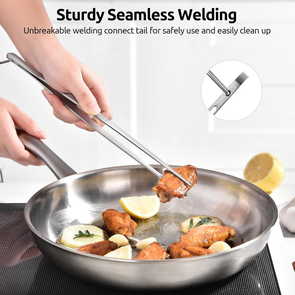 12" Kitchen Cooking Tweezer Set: 18/8 Stainless Steel Food-Grade Metal Food Tong, Flexible Pinching, Seamless-Welding, Sturdy and Non-Slip for Serving, Grilling, Frying (Round & Pointed Tip)