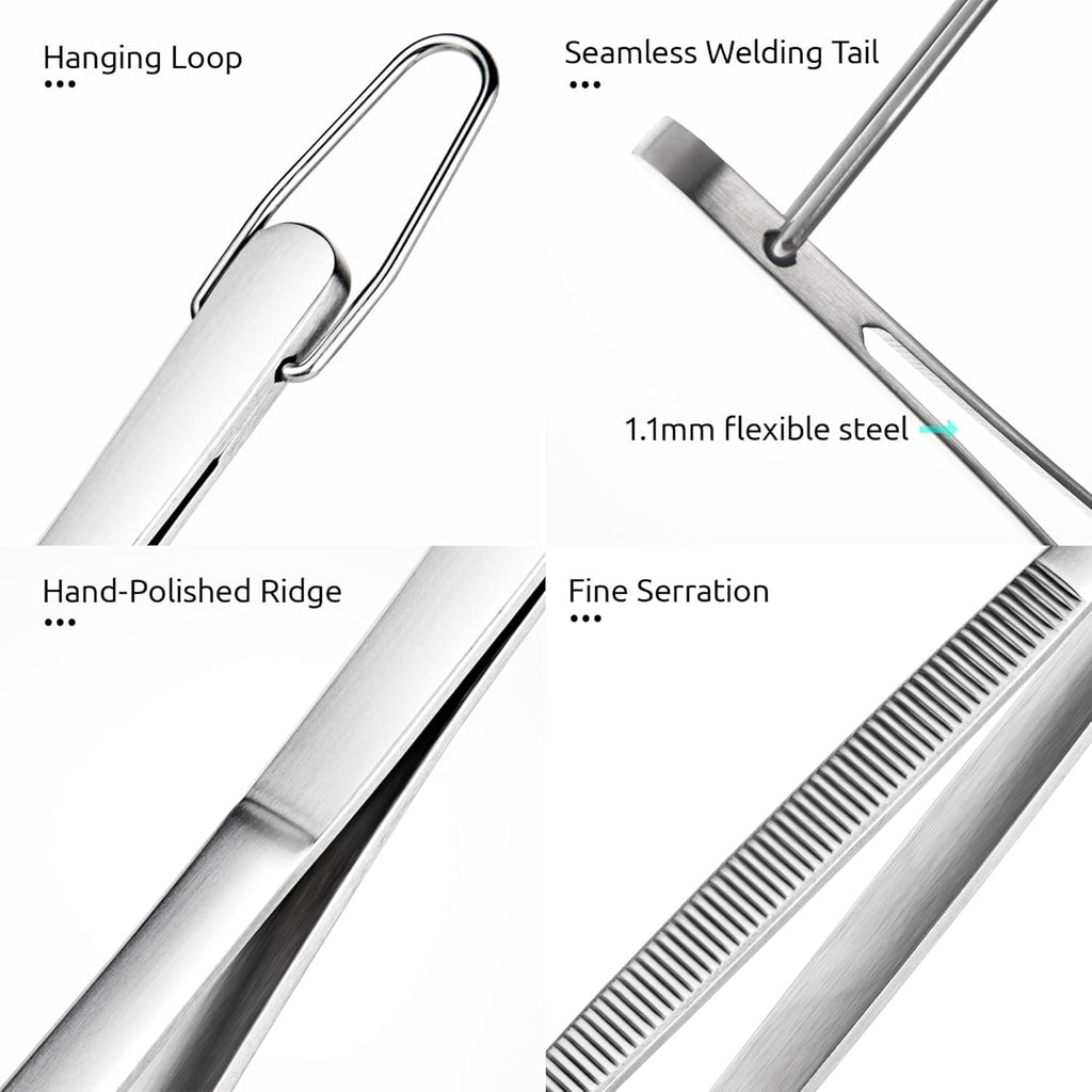 12" Kitchen Cooking Tweezer Set: 18/8 Stainless Steel Food-Grade Metal Food Tong, Flexible Pinching, Seamless-Welding, Sturdy and Non-Slip for Serving, Grilling, Frying (Round & Pointed Tip)
