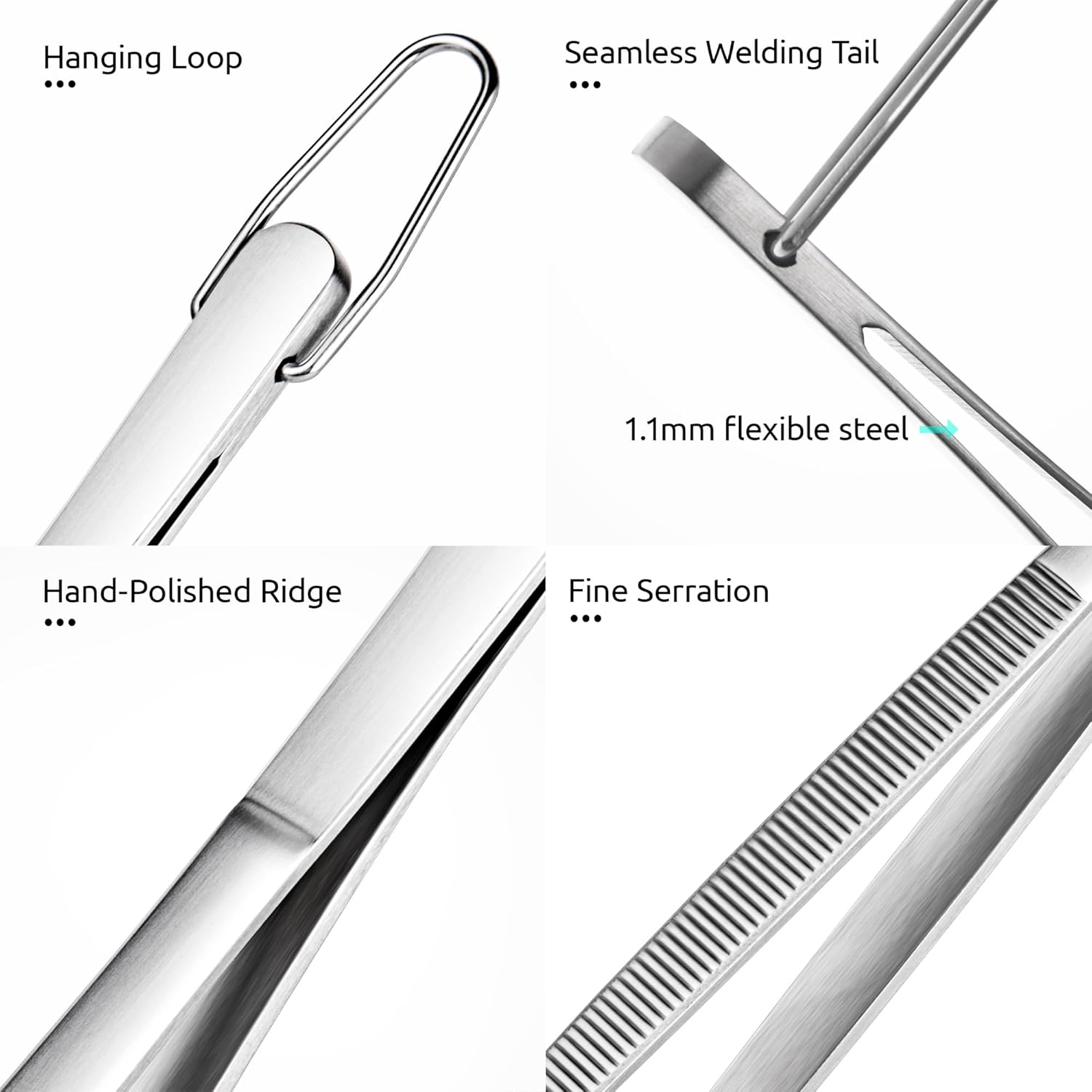 12" Kitchen Cooking Tweezer Set: 18/8 Stainless Steel Food-Grade Metal Food Tong, Flexible Pinching, Seamless-Welding, Sturdy and Non-Slip for Serving, Grilling, Frying (Round & Pointed Tip)